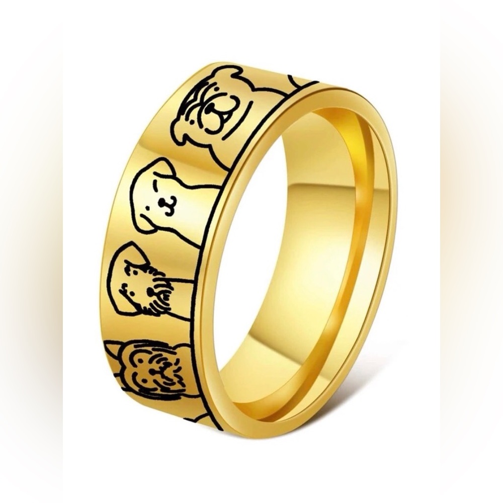 New Dog Sketch Portrait Gold Plated Stainless Steel Band Ring
